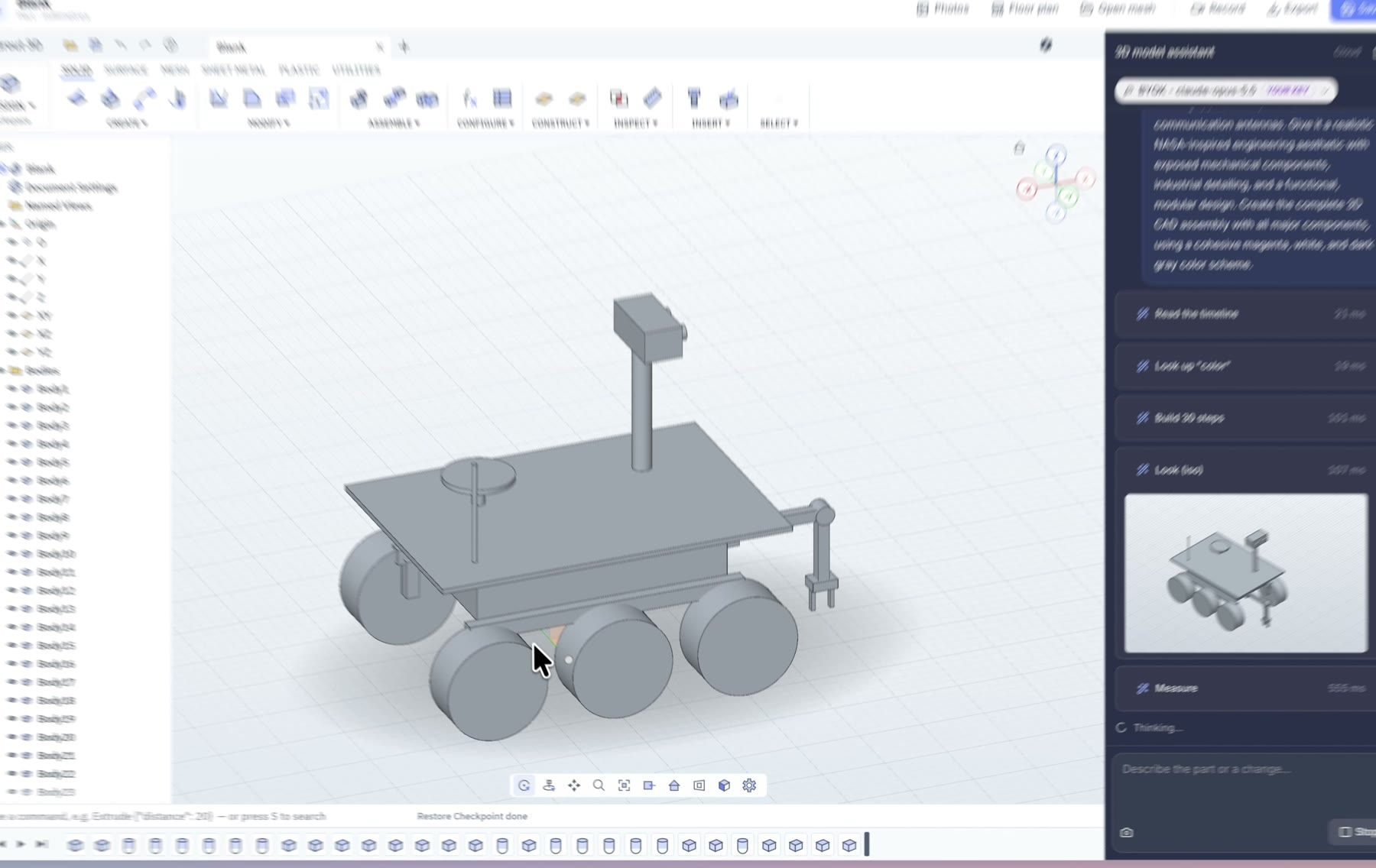 First version of the AI-built Mars rover in the Grout 3D viewport with build steps listed in the assistant