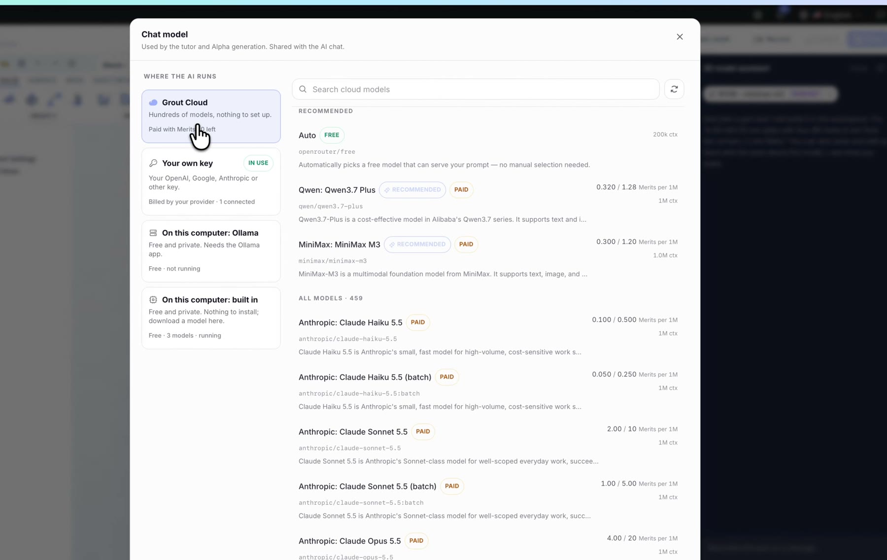 GroutApp chat model picker showing Grout Cloud, your own key, and on-this-computer options with Claude and Qwen models