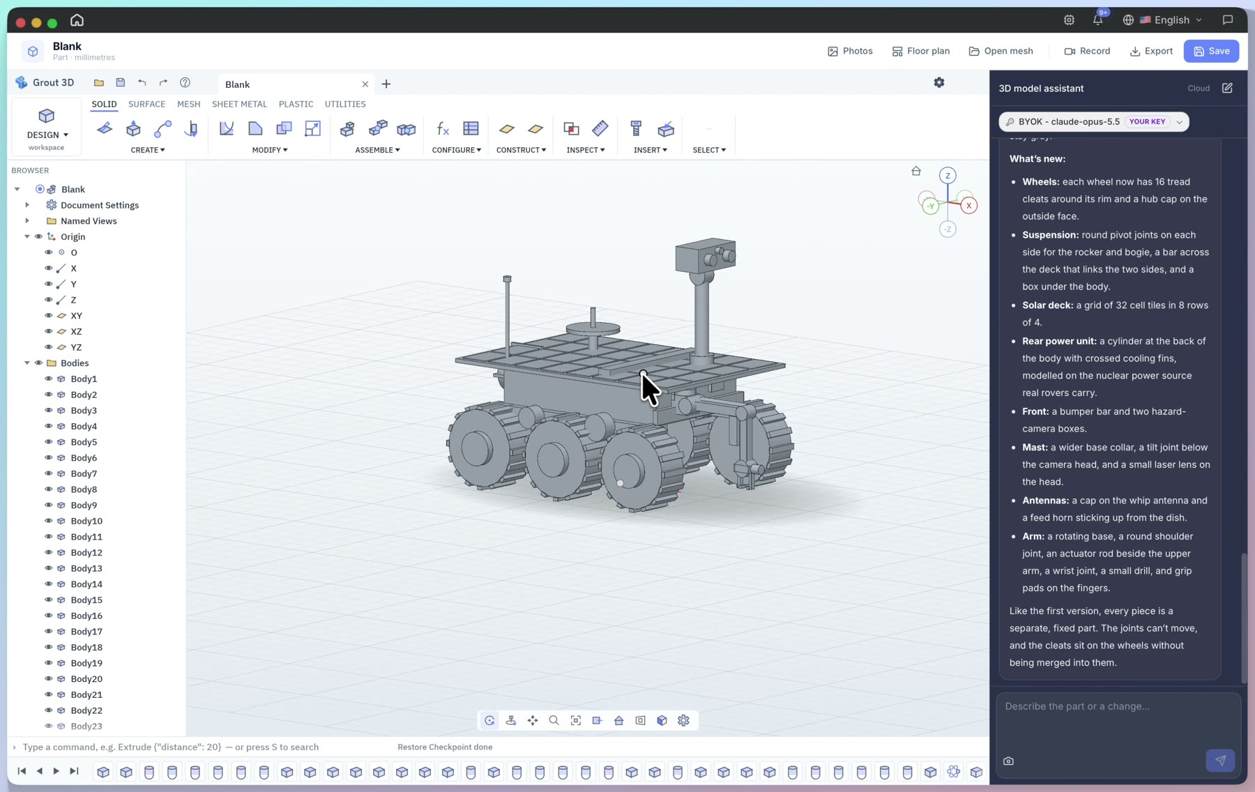 Detailed AI-built Mars rover with treaded wheels and the assistant's list of what changed