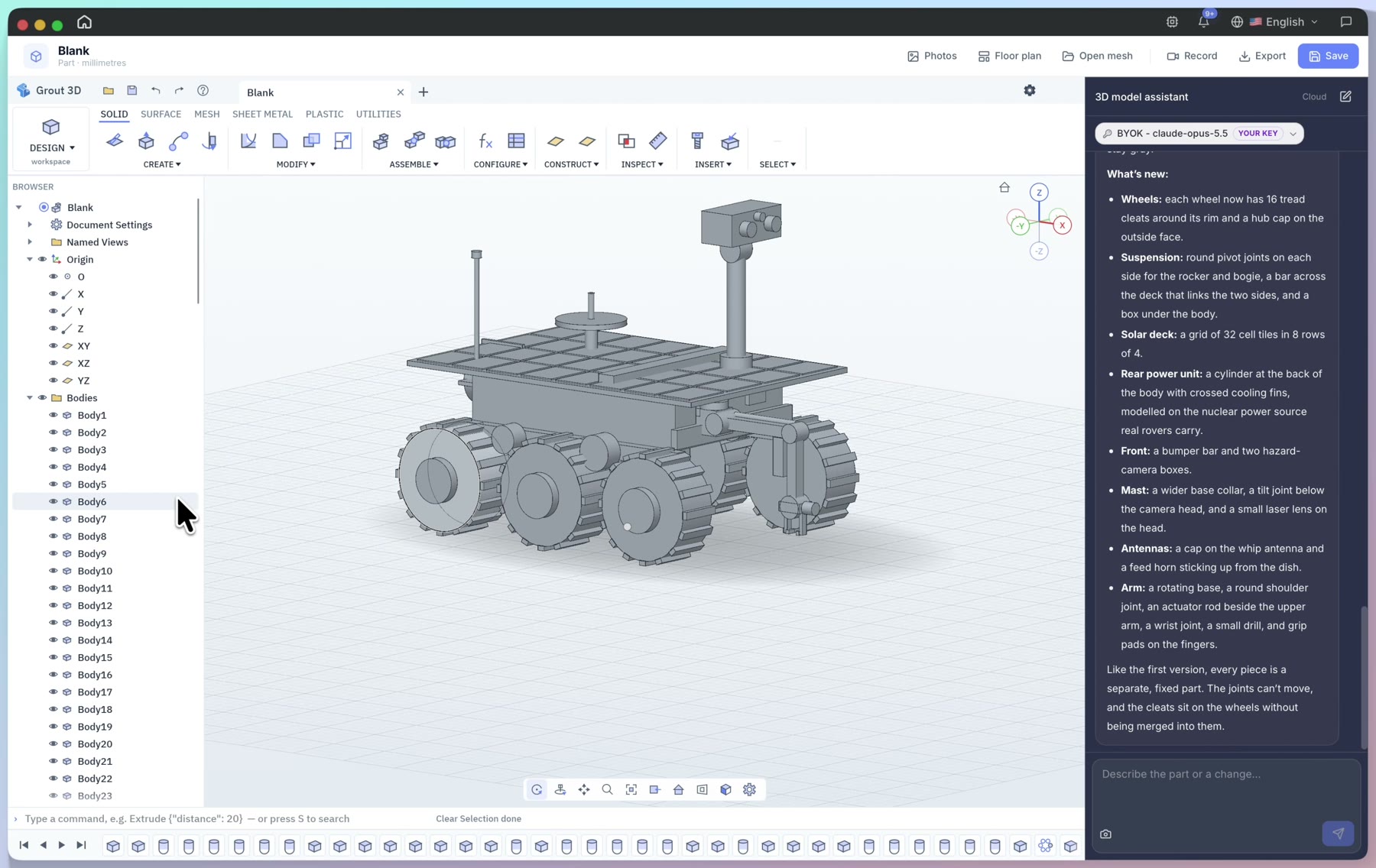 Grout 3D toolbar with the Surface tab selected and the feature tree listing rover bodies