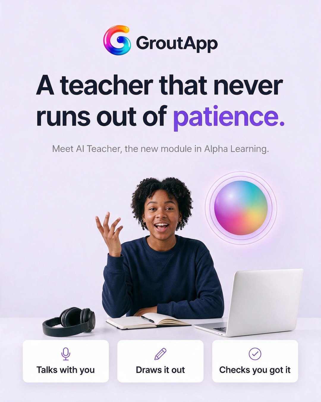A teacher that never runs out of patience: a student at a desk beside the glowing AI Teacher orb
