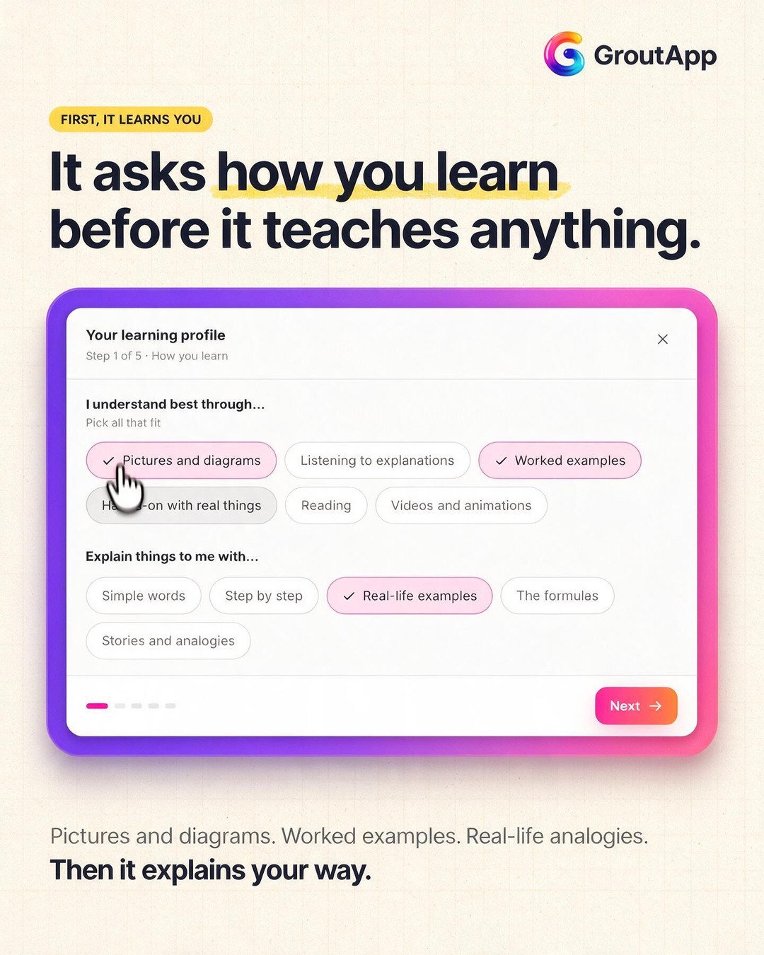 It asks how you learn before it teaches anything: the learning profile dialog