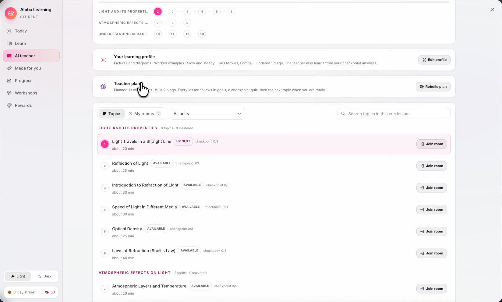 Teacher plan in GroutApp listing topics with time estimates, the learner profile summary and a rebuild plan button