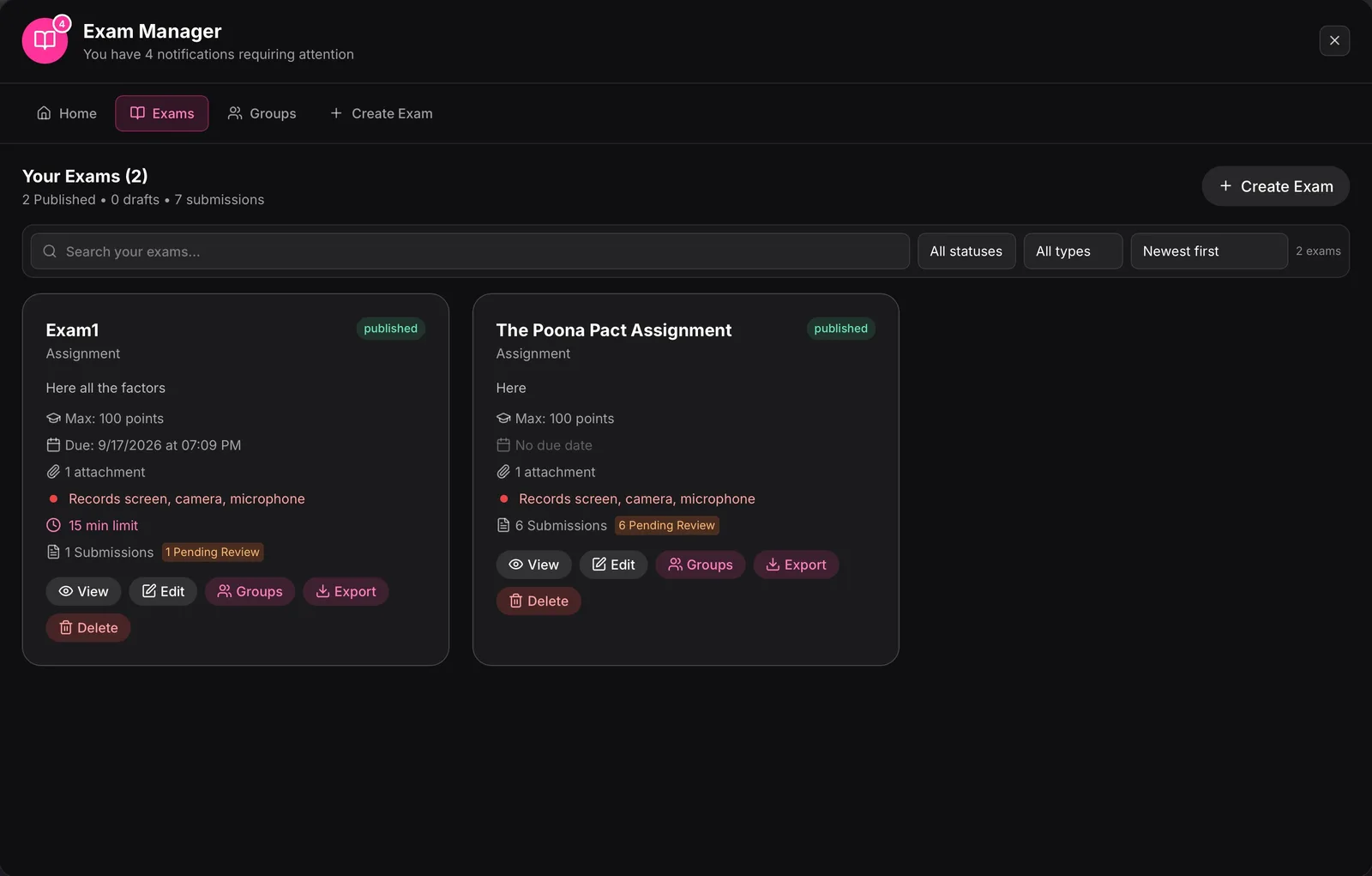 Exams and assignments in one place