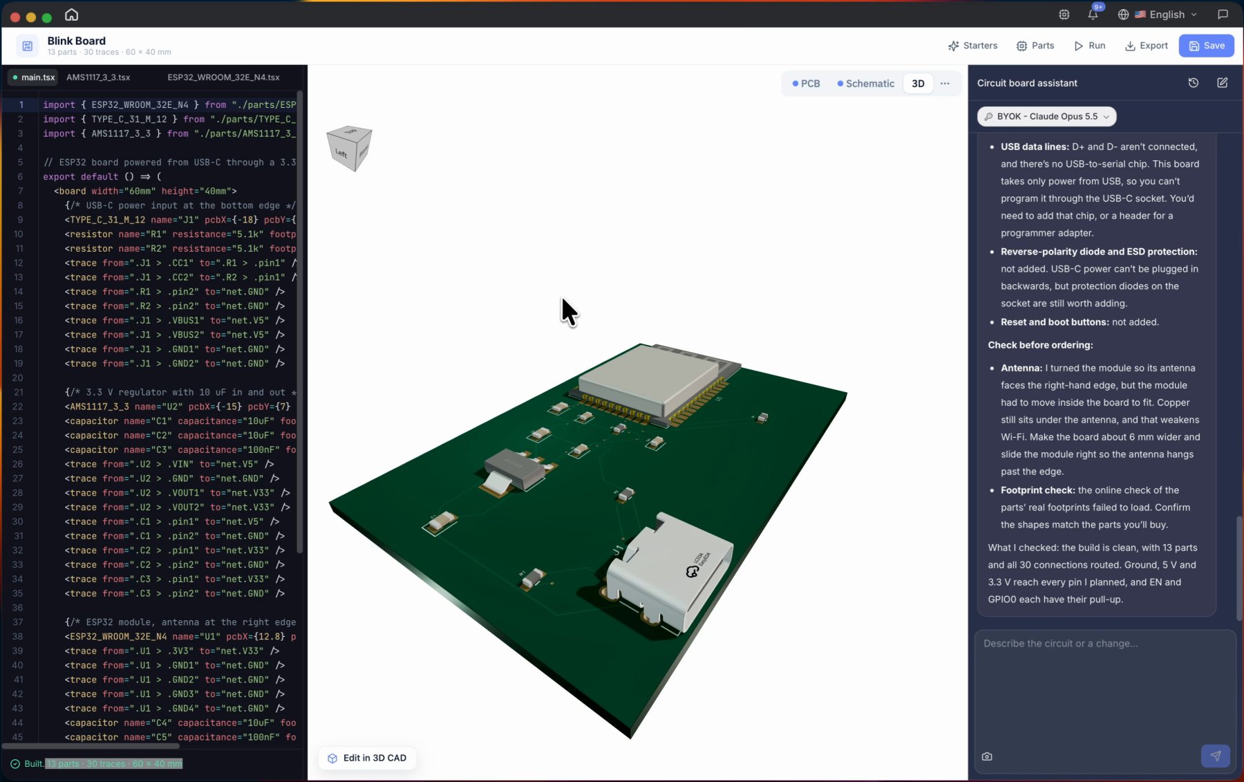 3D view of the finished green circuit board next to the assistant's check-before-ordering notes
