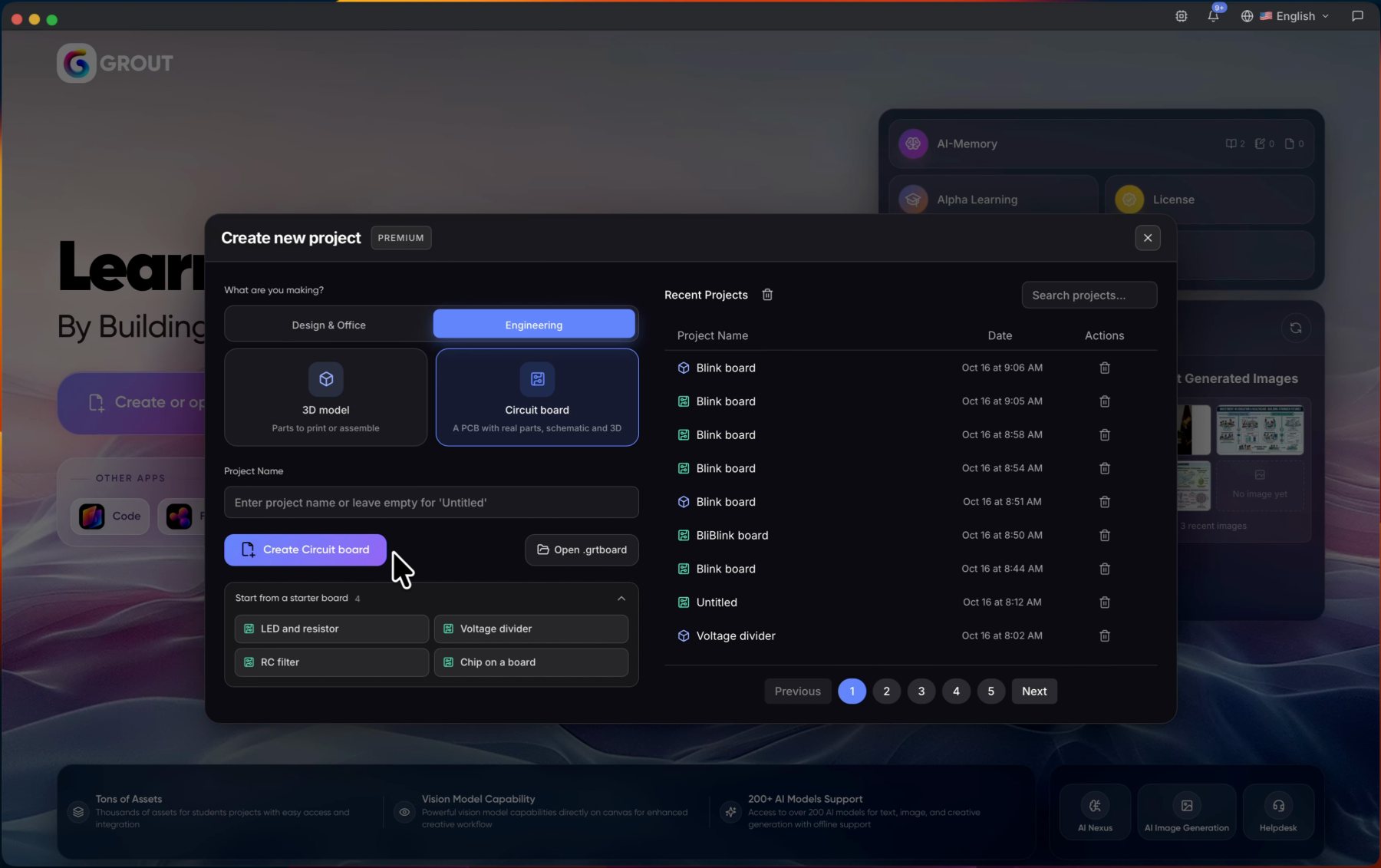GroutApp create project dialog with the Engineering tab, Circuit board selected and the starter board list