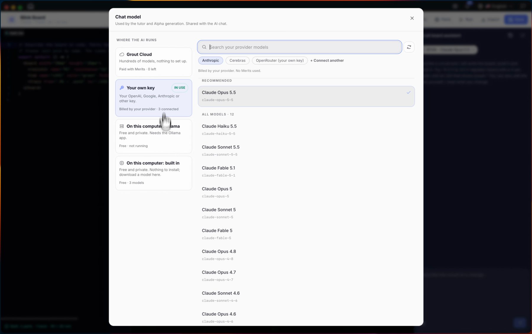 GroutApp chat model picker with Grout Cloud, your own key and on-this-computer options