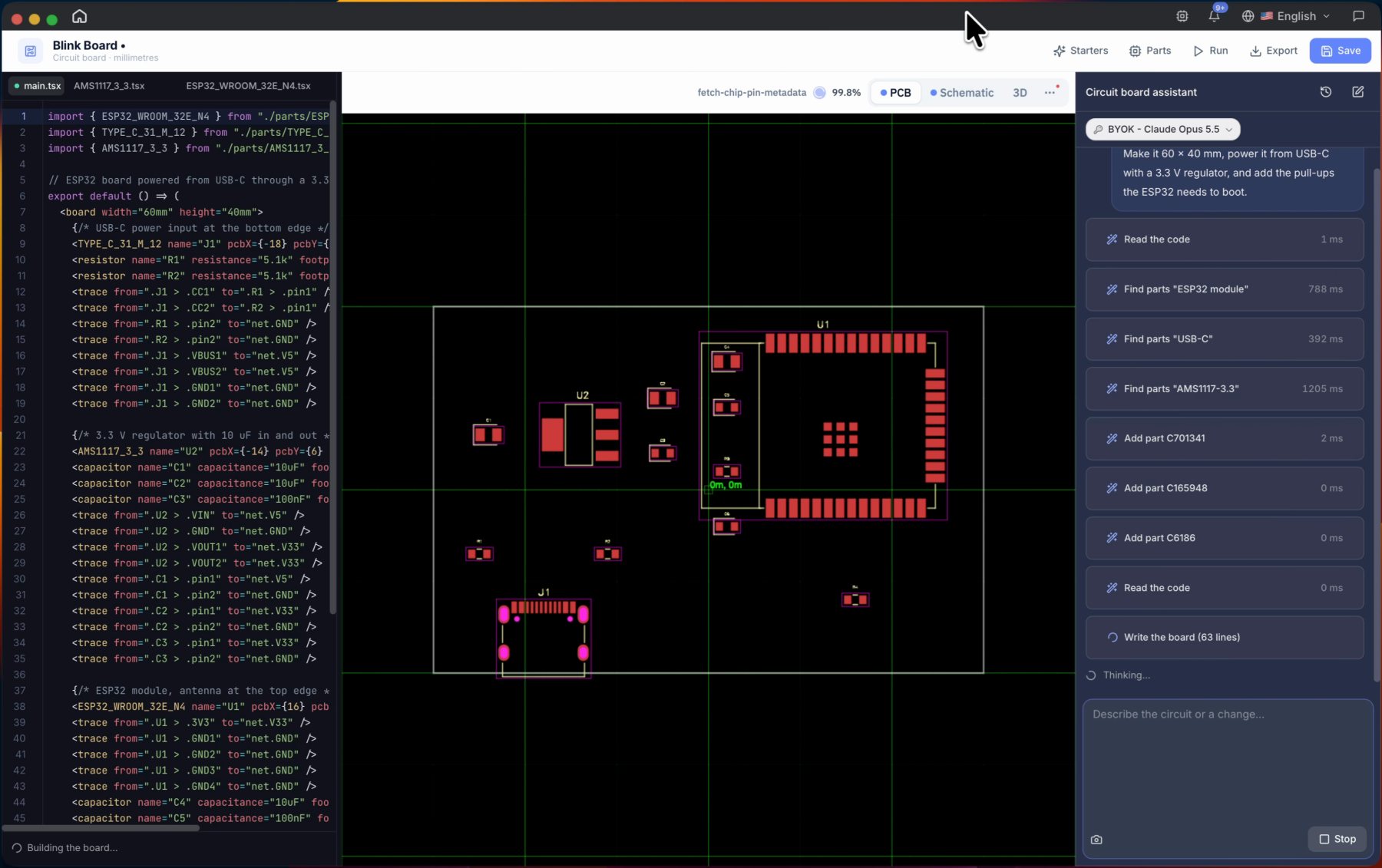 Assistant steps finding ESP32, USB-C and AMS1117 parts while the board code and layout update