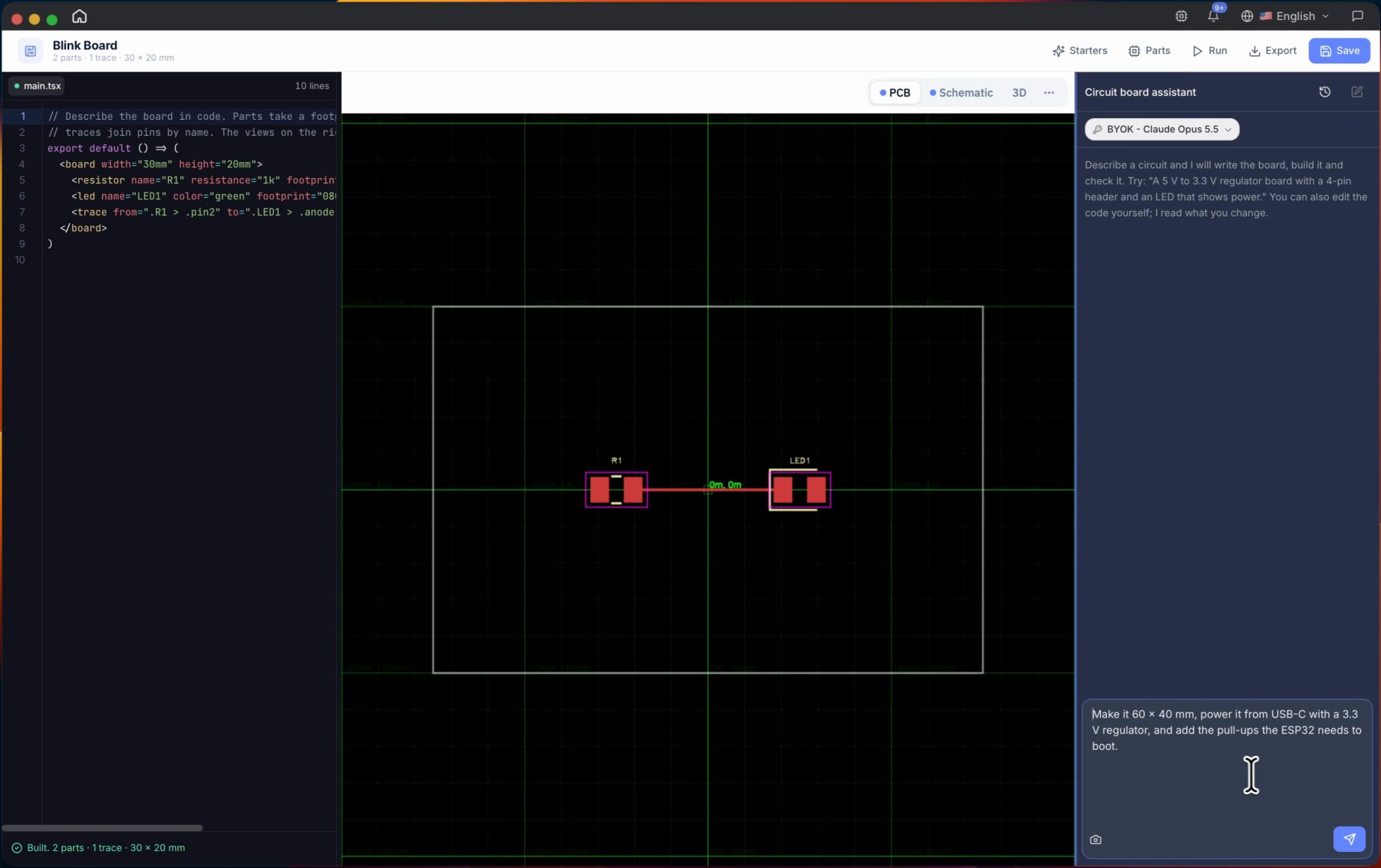 Circuit board assistant with the ESP32 USB-C prompt typed in, over a starter LED board