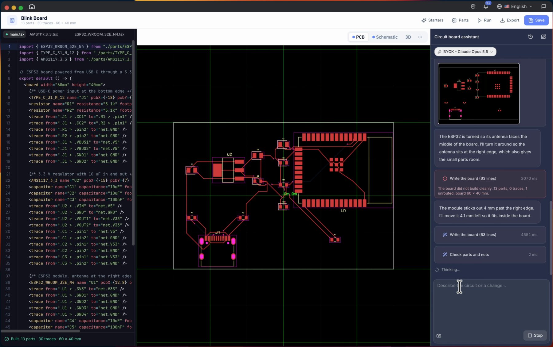 Circuit Board Studio showing an ESP32 board with routed traces, the board code and the assistant's notes
