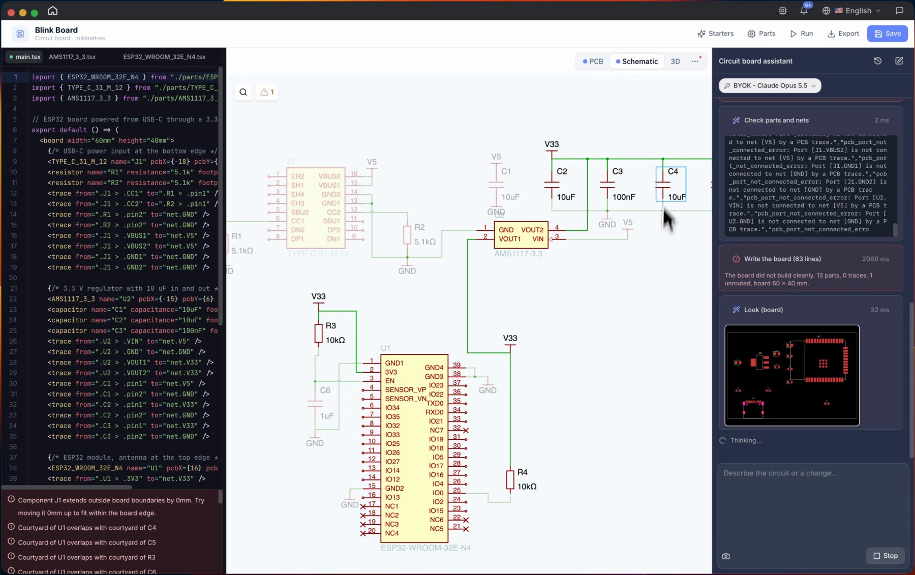 Schematic view of the ESP32 board with the USB-C connector, AMS1117 regulator and pull-up resistors