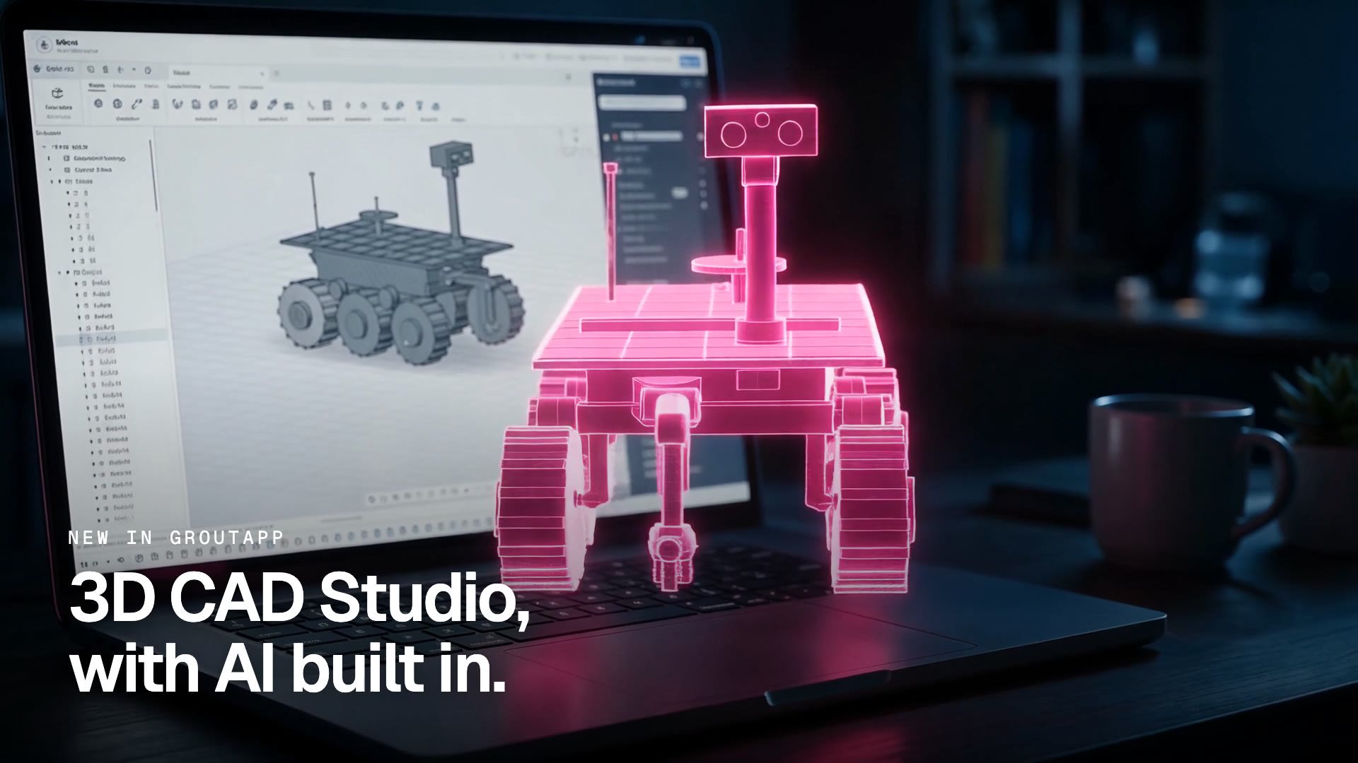 3D CAD Studio in GroutApp building a six-wheeled Mars rover from a text prompt