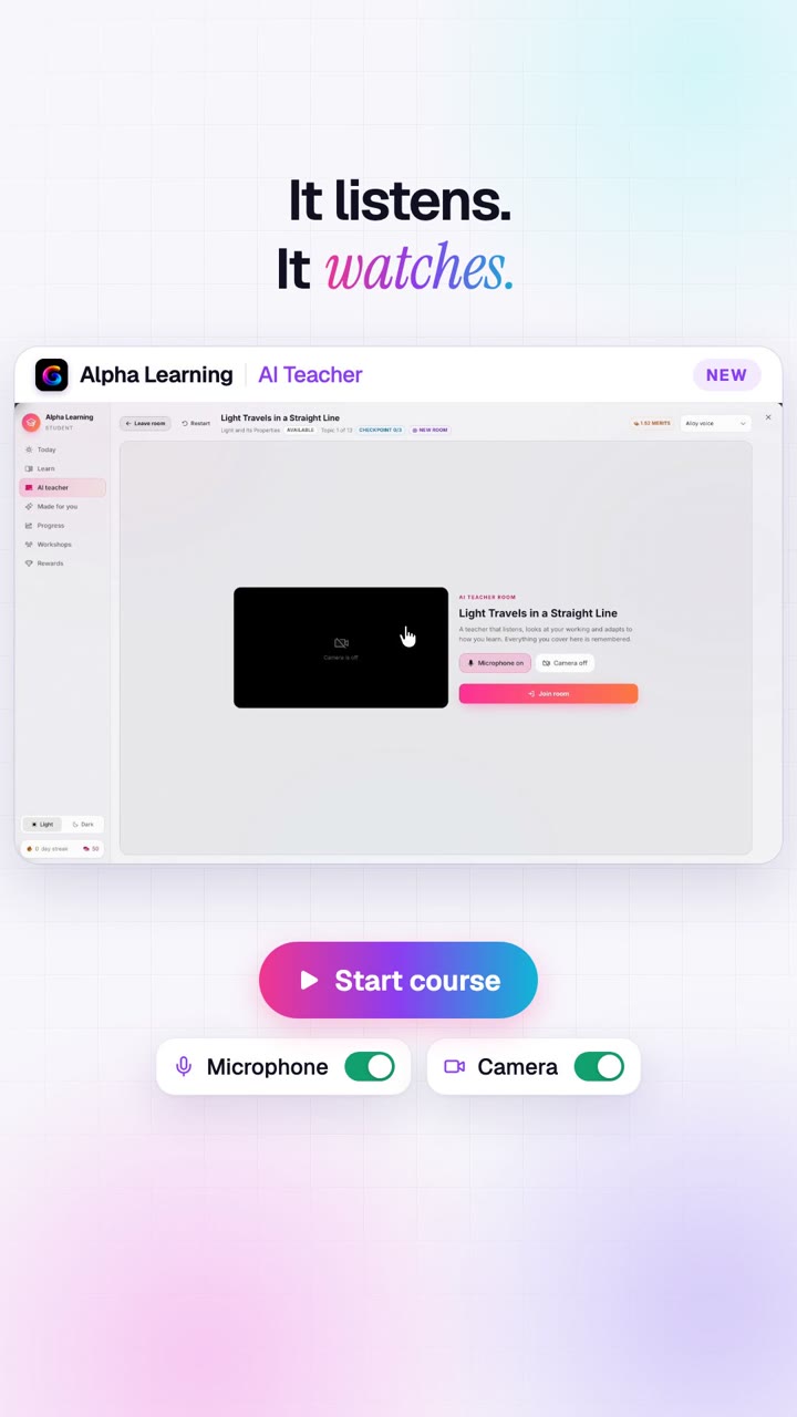 AI Teacher in GroutApp teaching a lesson on light at a whiteboard
